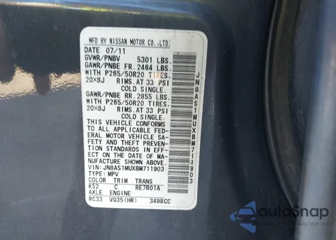 2011 Infiniti Fx35 z USA, uszkodzony, nr VIN JN8AS1MUXBM711903